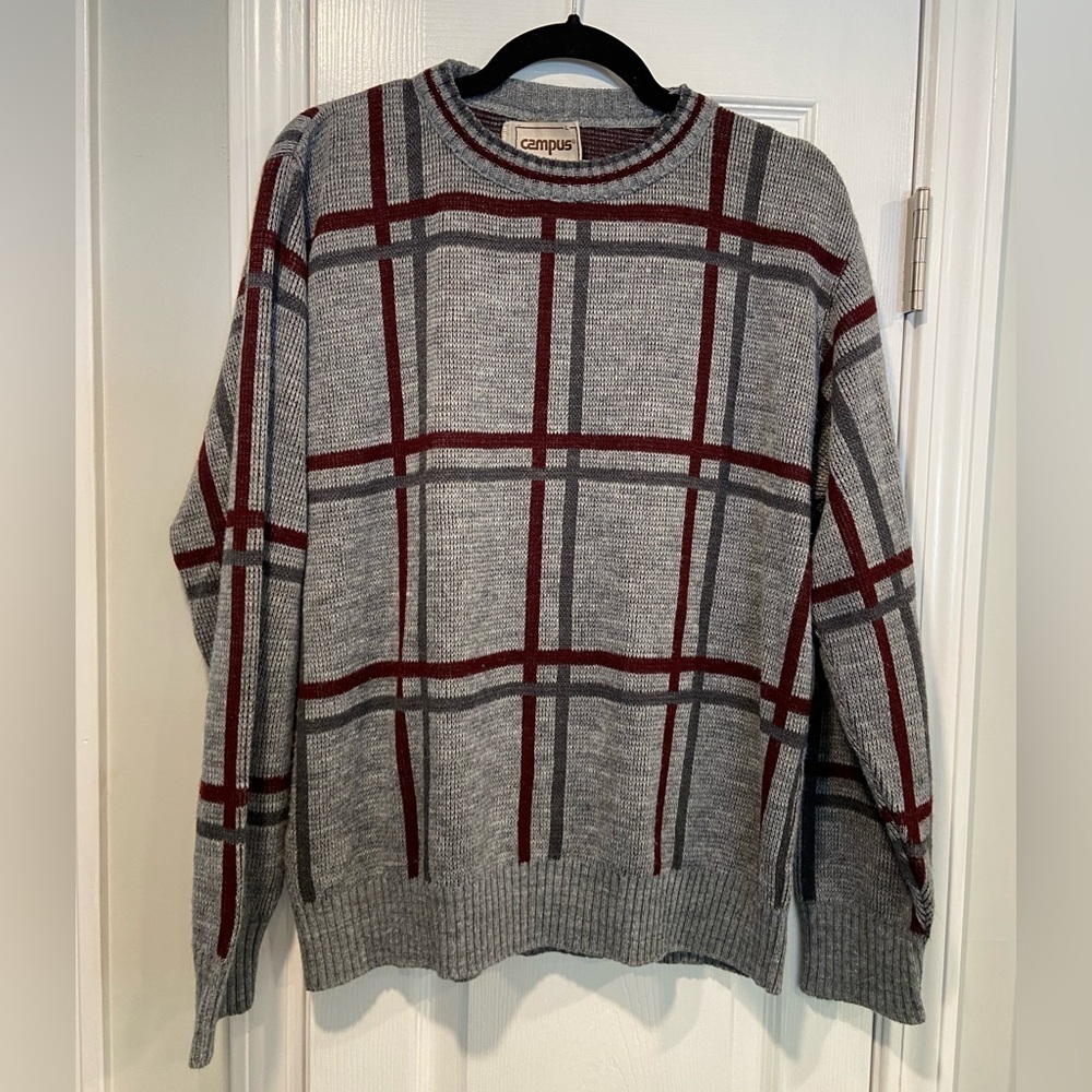 VTG Campus Size L Gray Stripe Plaid Long Sleeve Knit Crew Neck Pullover Sweater